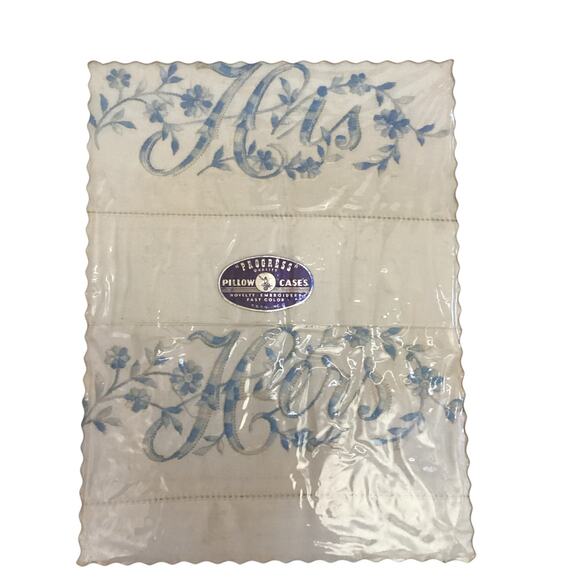 Vintage Progress His and Her Embroidered Pillowcases In Original Box Sealed * - Picture 3 of 6